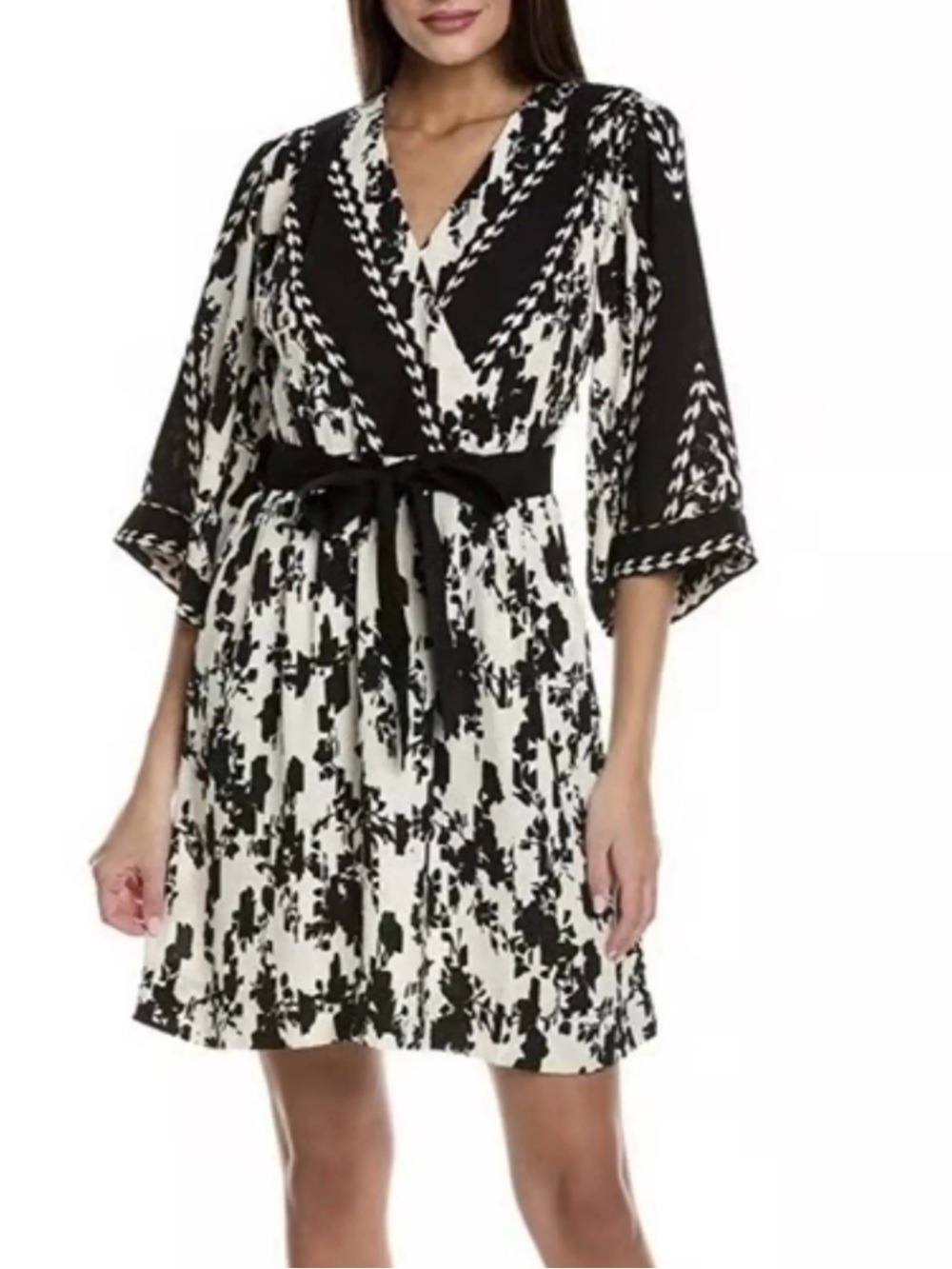 Cabi #6369 Black & White Abstract Floral V-Neck Dress Size S